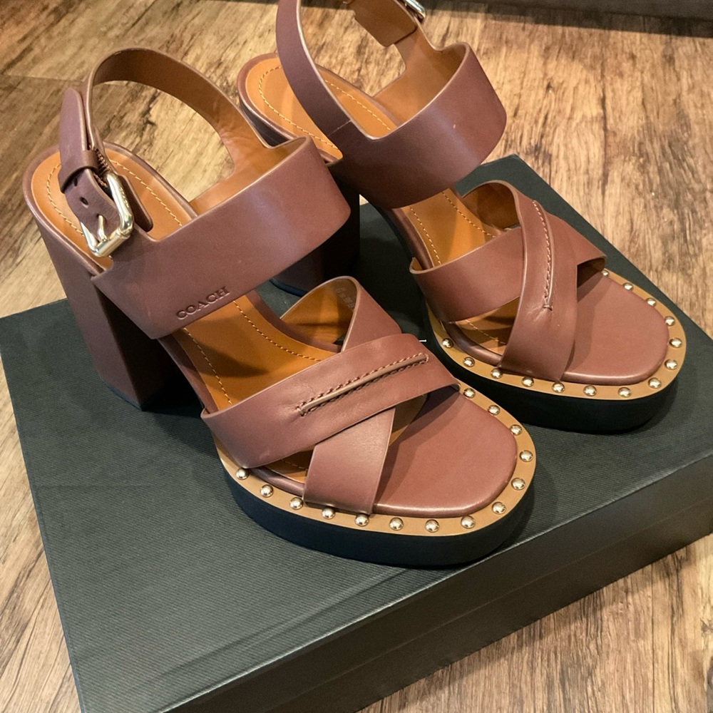 Coach Brown Leather Studded Platform Sandals